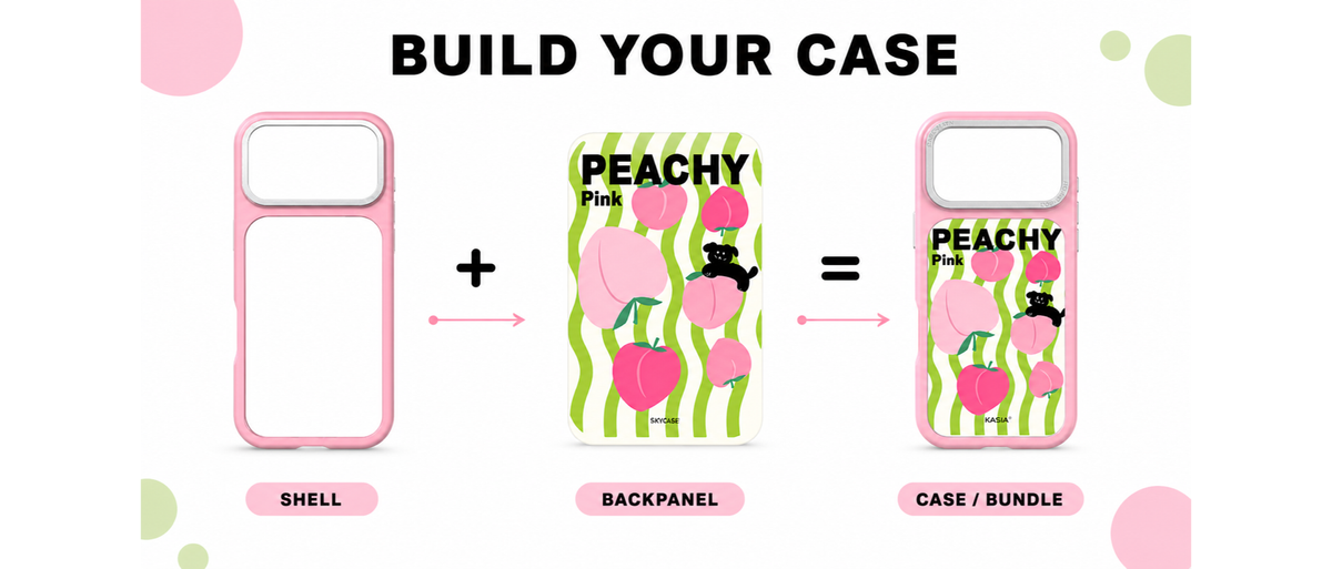 Build your SkyCase — clear shell plus a peach magnetic backboard